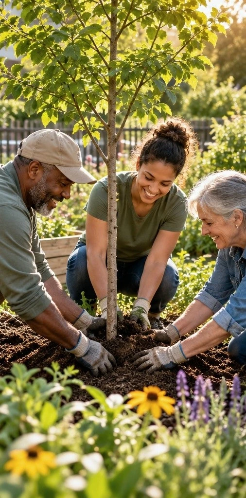 Illustrative image of volunteers planting a tree together.