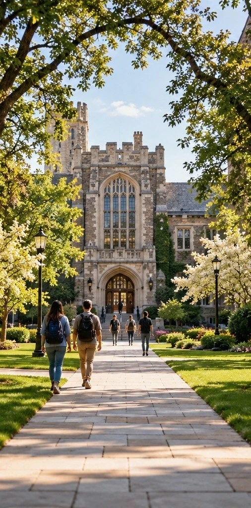 Illustrative image of people walking toward a university building.