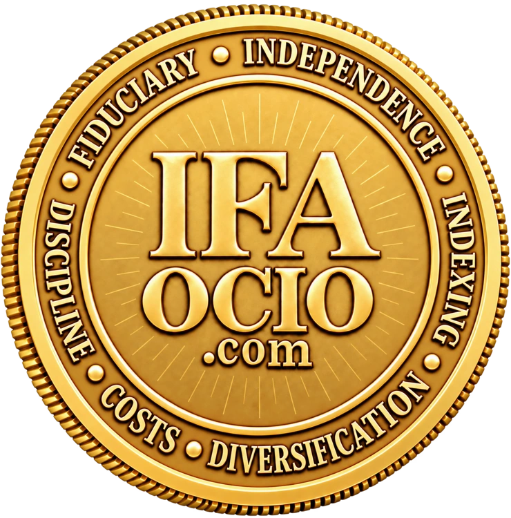 Gold IFA OCIO coin. Its rim reads Fiduciary, Independence, Indexing, Diversification, Costs, and Discipline.