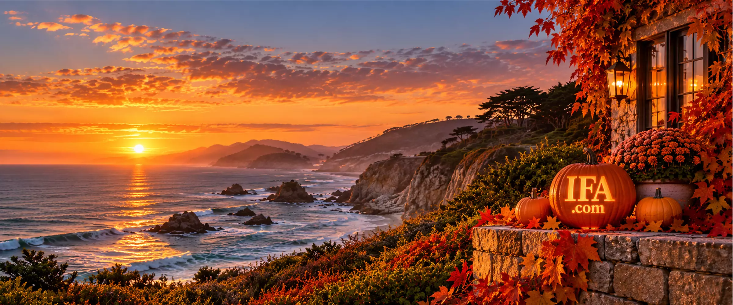 A glowing jack-o'-lantern carved with IFA.com beside the ocean at sunset, surrounded by pumpkins and autumn leaves