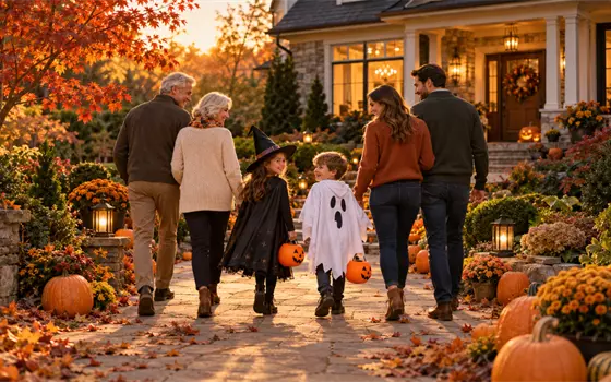 A family in Halloween costumes walking up to a house decorated with pumpkins and autumn leaves