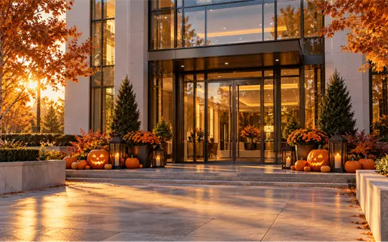 The glass entrance of an office building framed by autumn trees, with jack-o’-lanterns and mums on the steps