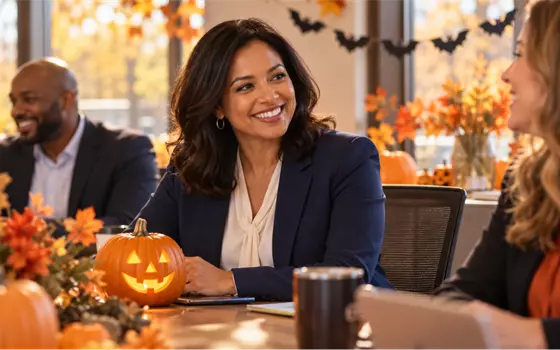 Colleagues smiling around a conference table decorated with a jack-o’-lantern and fall leaves