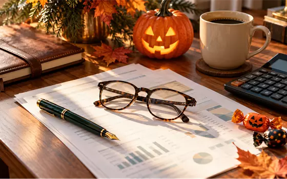 A desk with tax worksheets, glasses, a fountain pen, a calculator and a small jack-o’-lantern